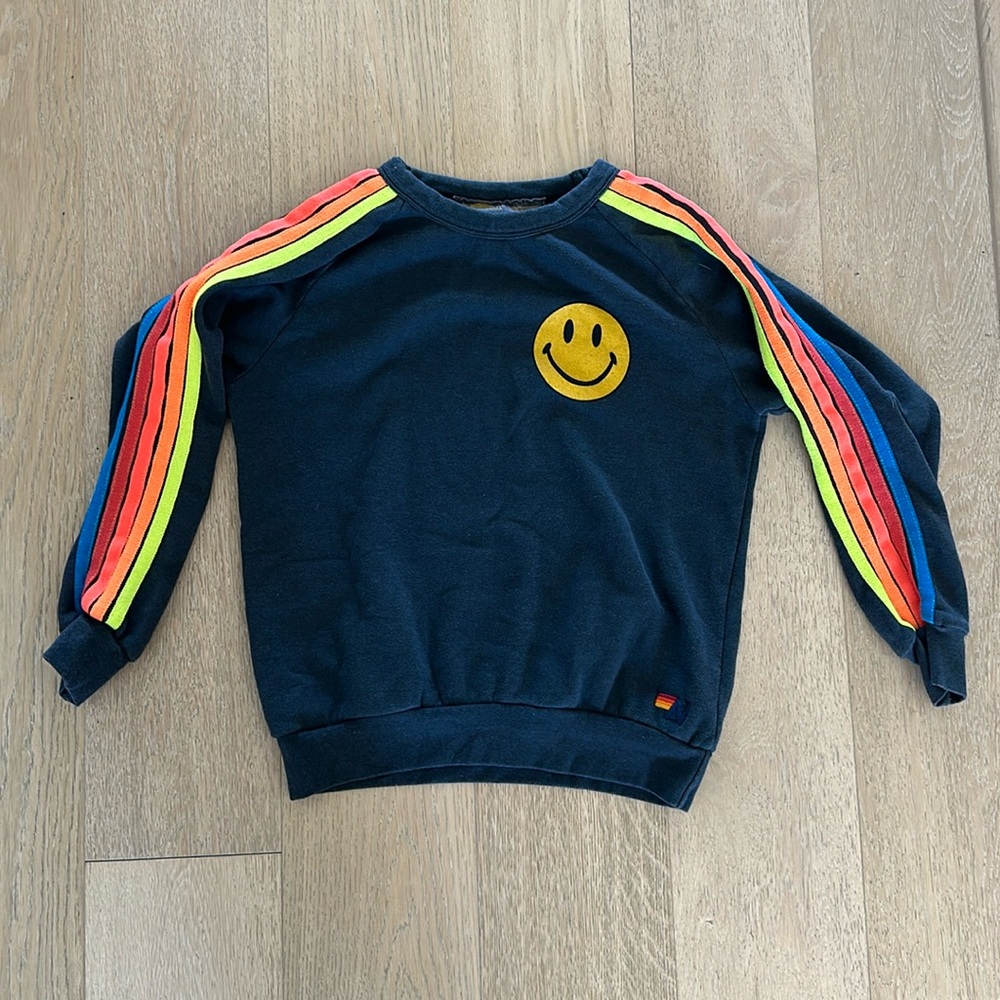 Aviator Nation charcoal navy Neon Stripe Smiley Crewneck Sweatshirt size small